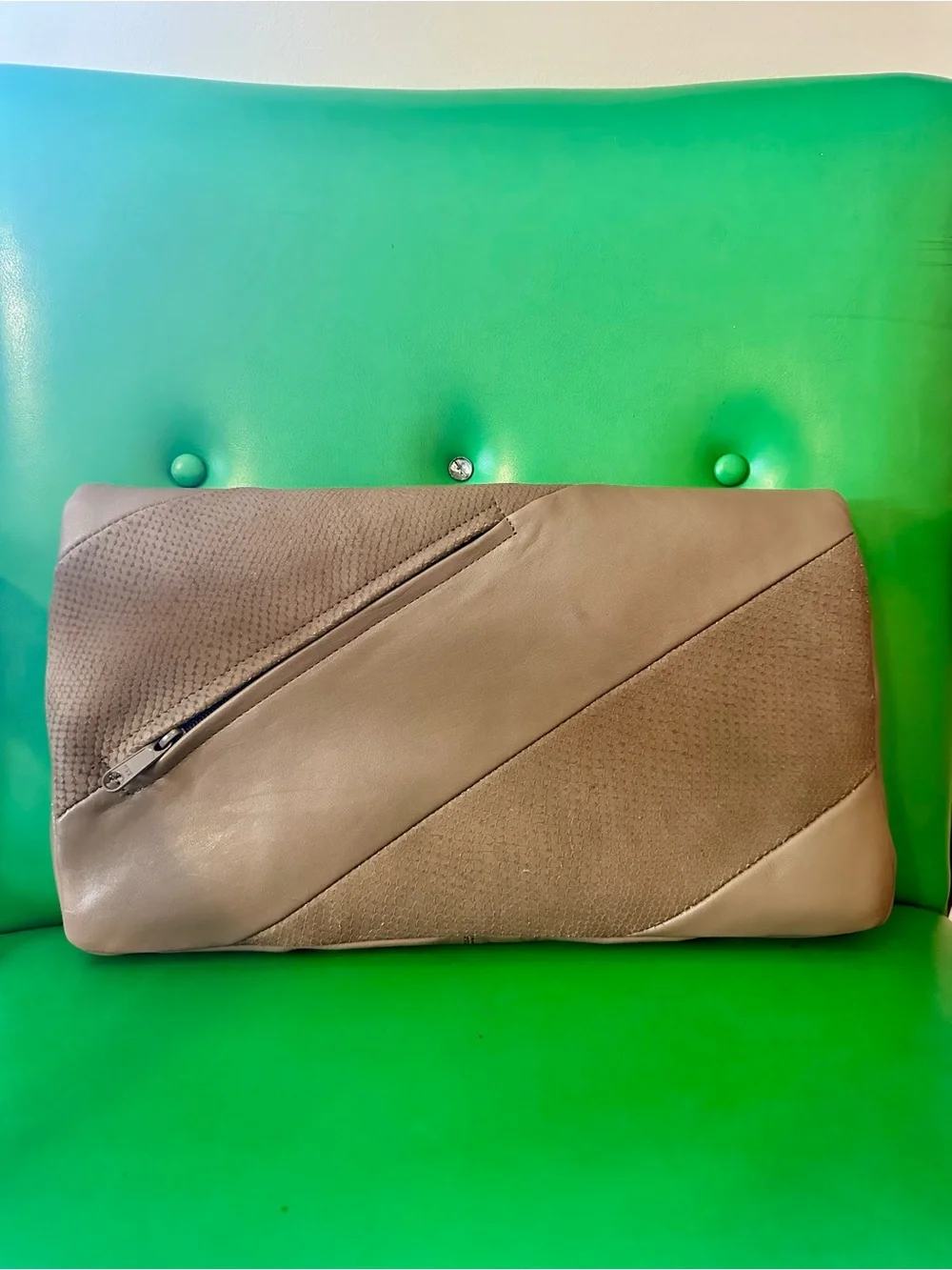 Taupe Fold-Over Leather Tassel Clutch